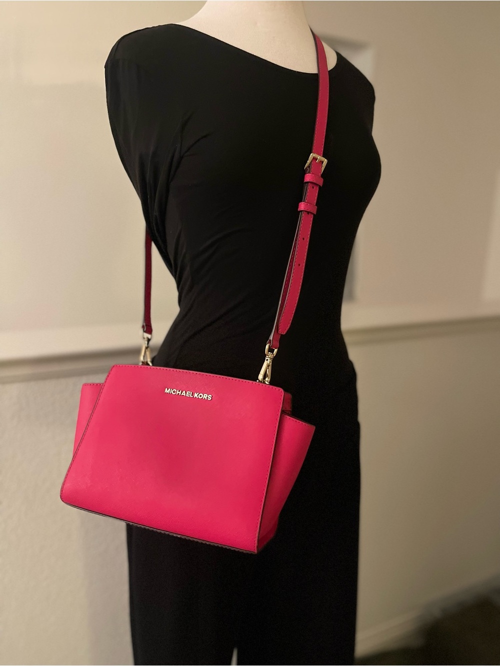 Michael Kors Hot Pink Leather Crossbody with Gold-Tone Hardware